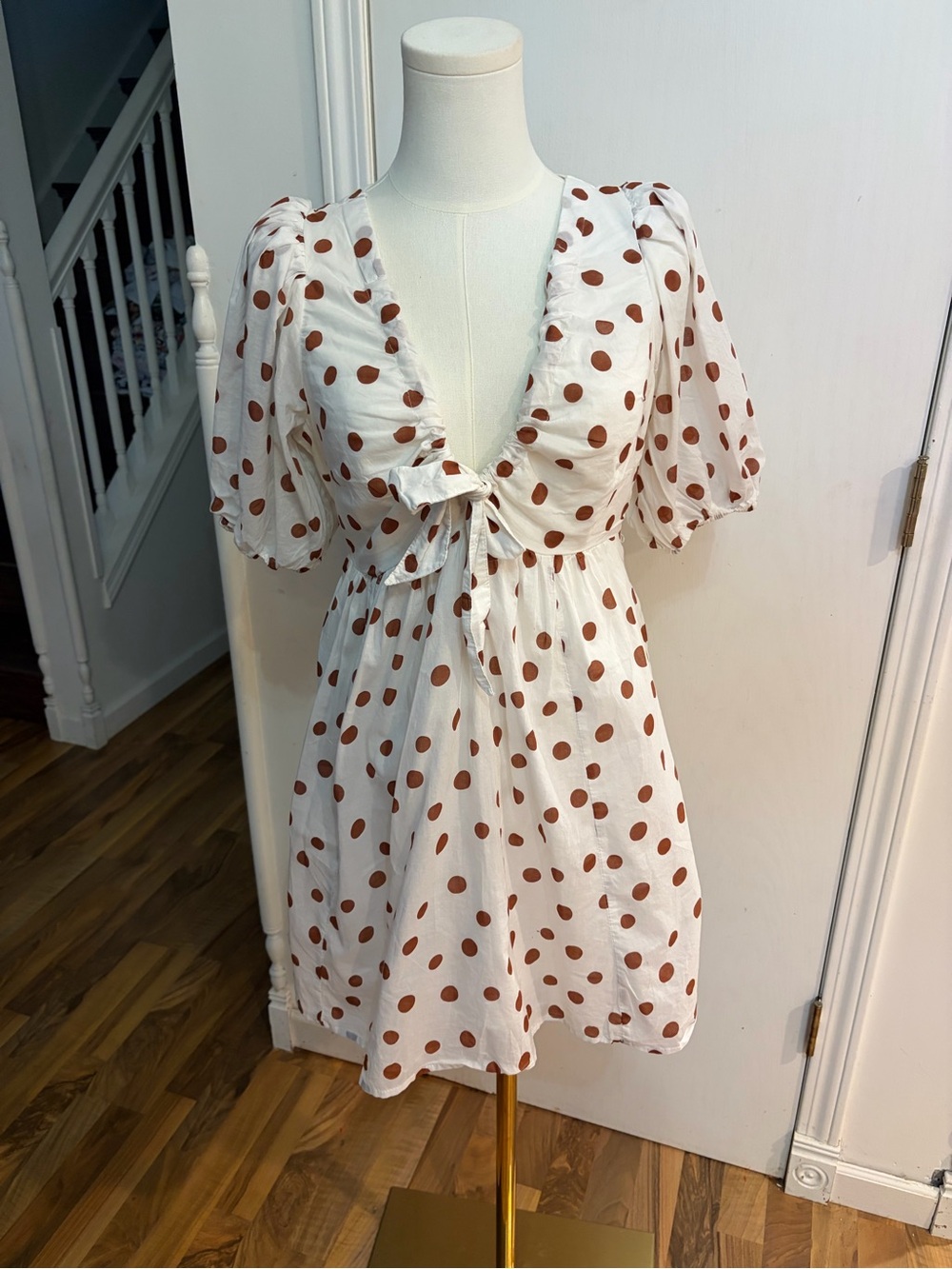 Abercrombie & Fitch White Puff Sleeve Dress, Brown Polka Dots, Medium